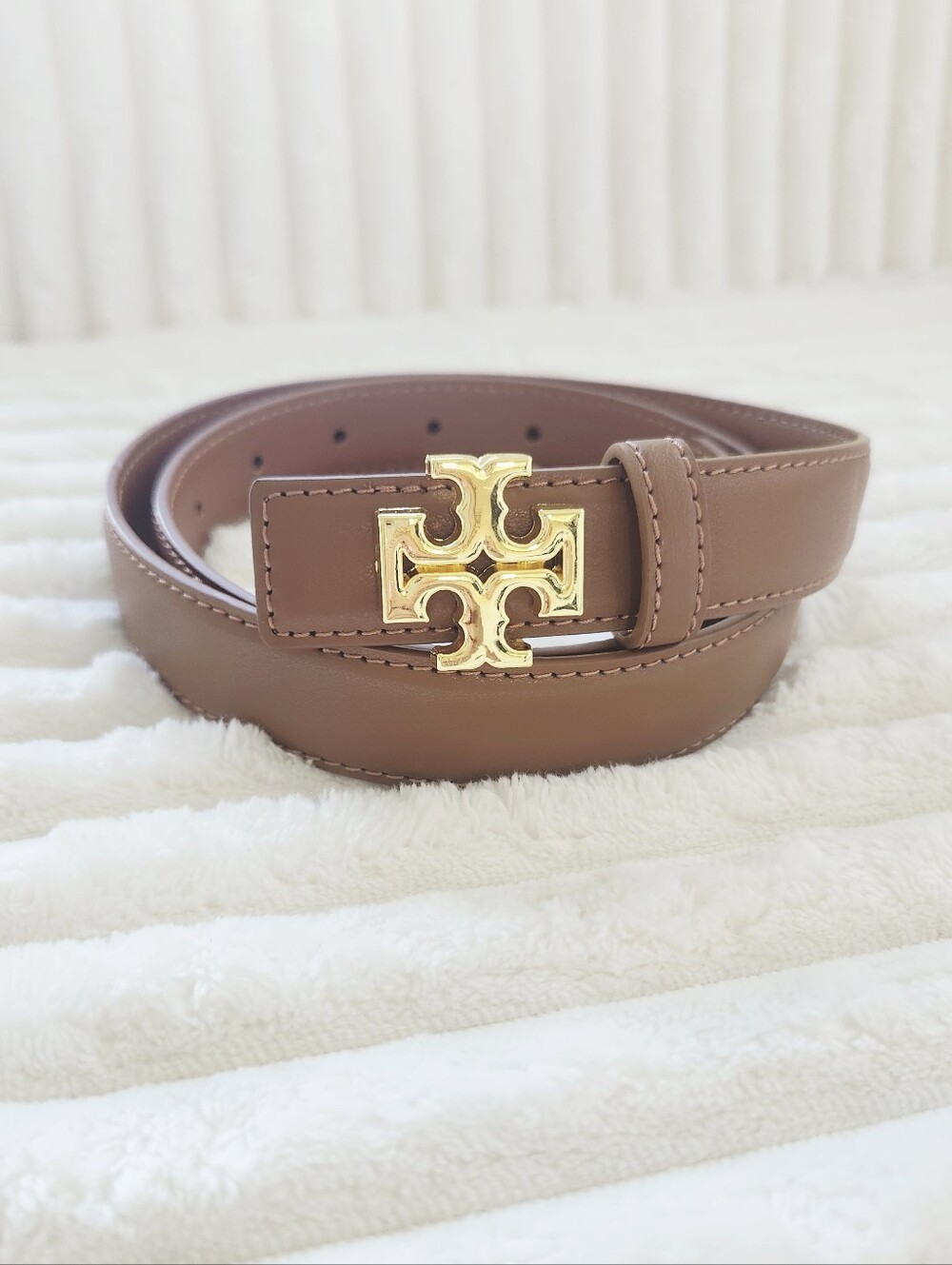 Tory Burch Cognac Leather Skinny Double T Logo Belt Small New